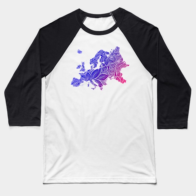 Colorful mandala art map of Europe with text in blue and violet Baseball T-Shirt by Happy Citizen